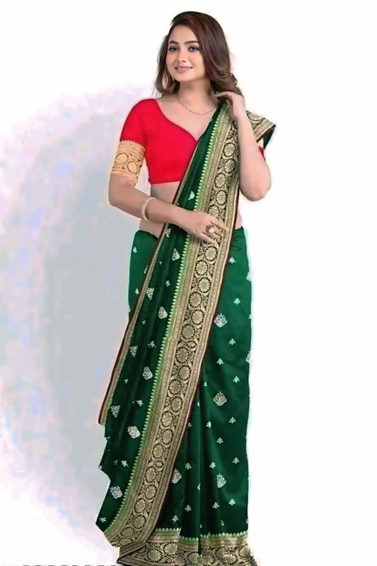 Elegant Green Banarasi Satin Silk Saree with Embroidery - Tradition Meets Modern Glamour