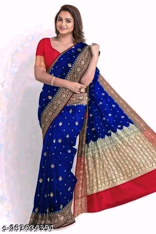 Exquisite Blue Banarasi Satin Silk Saree with Intricate Embroidery