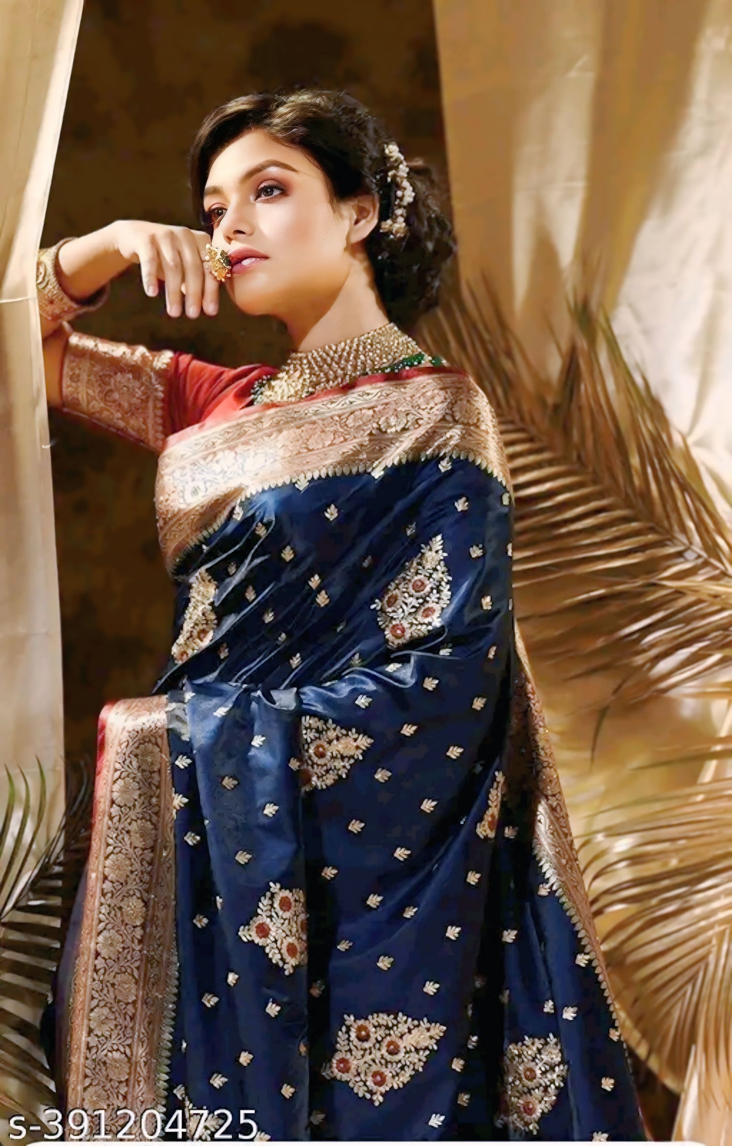 Navy Blue Banarasi Satin Silk Saree with Intricate Embroidery – A Timeless Elegance