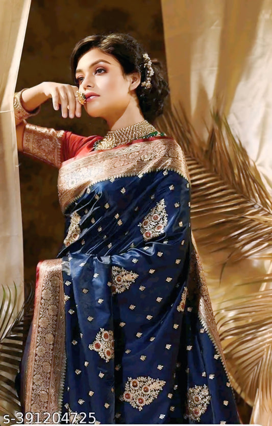 Navy Blue Banarasi Satin Silk Saree with Intricate Embroidery – A Timeless Elegance