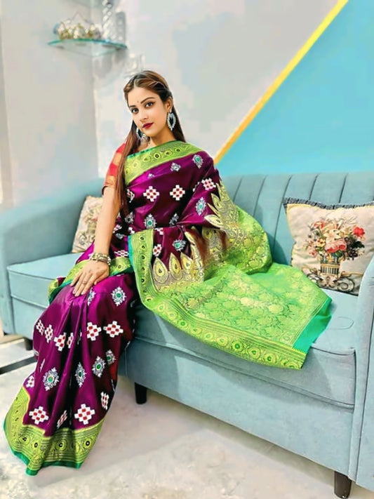 Purple Banarasi Satin Silk Saree with Exquisite Embroidery – A Royal Masterpiece