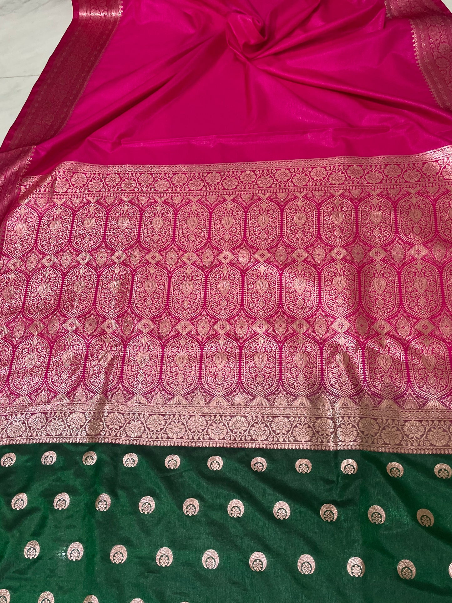 Bottle Green Sonakshi Chanda Satin Silk Saree with Rose Pink Zari Work