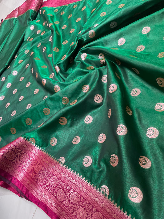 Bottle Green Sonakshi Chanda Satin Silk Saree with Rose Pink Zari Work